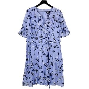 NWT DKNY (16) Floral Chiffon Knee Length Dress Purple Ruffle Trim